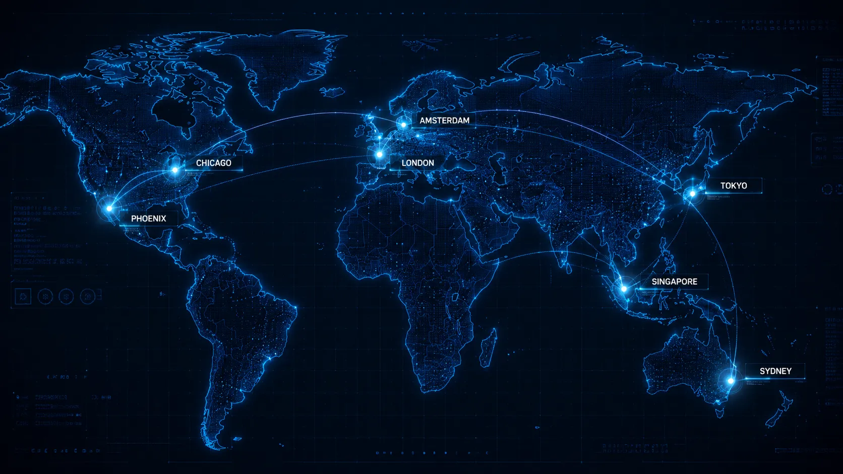 Futuristic global network map showing OurHosting data center node locations in Chicago, Phoenix, London, Amsterdam, Tokyo, Singapore, and Sydney