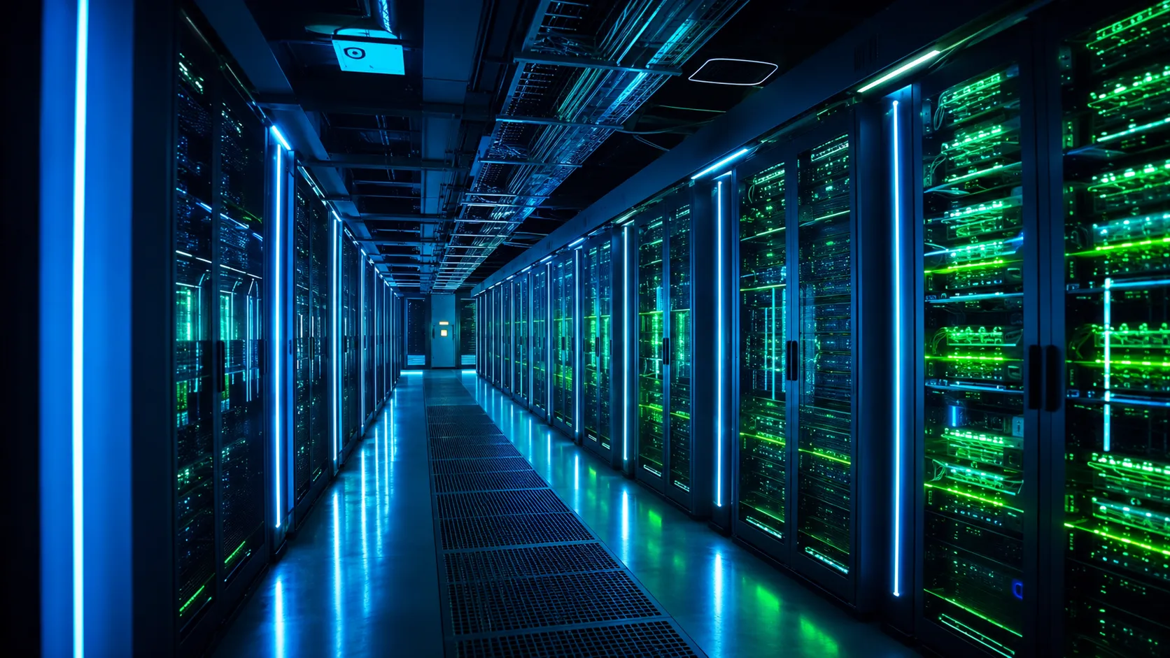 Futuristic high-tech data center corridor with glowing neon blue and emerald server racks