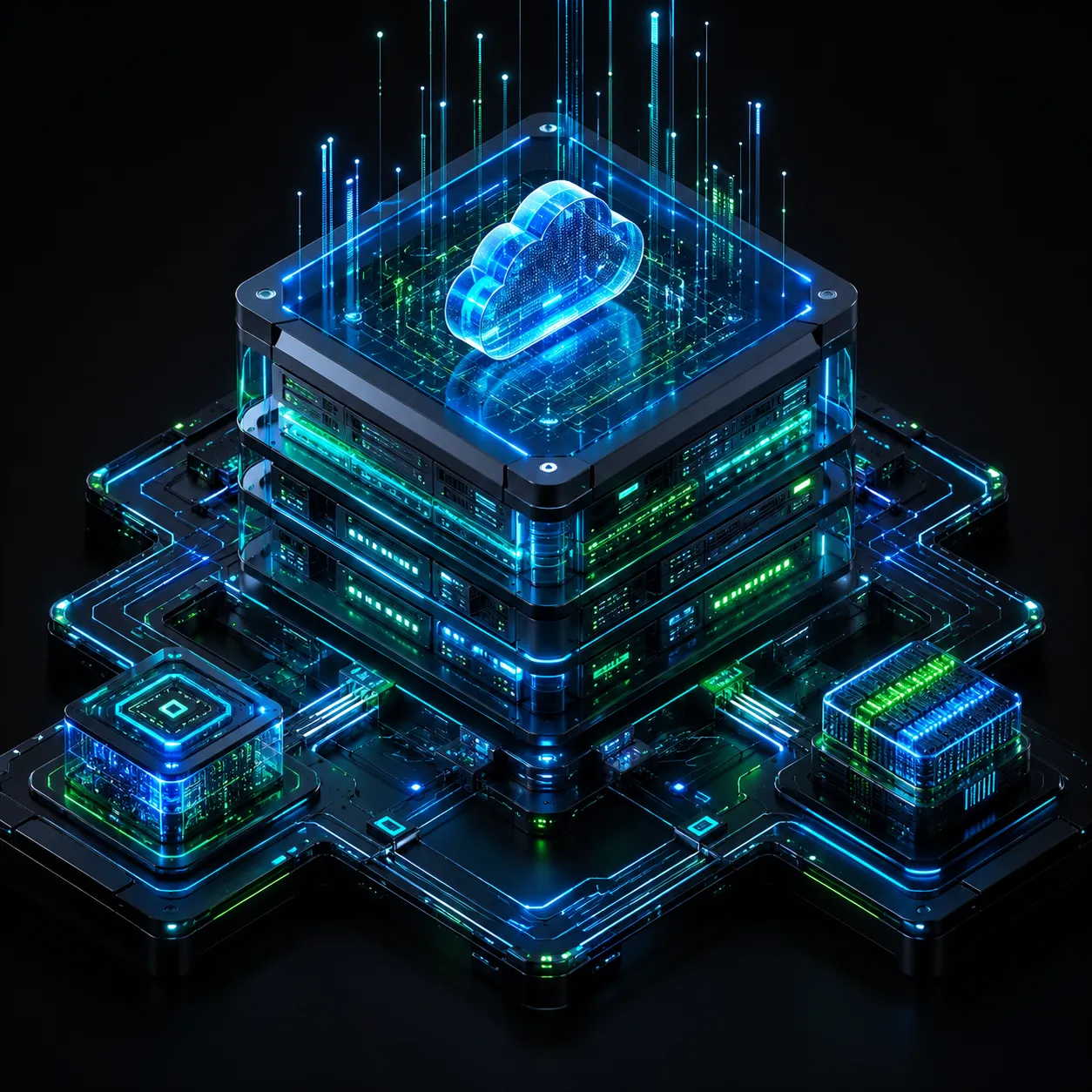 Isometric 3D render of a glowing cloud server stack with neon circuit pathways