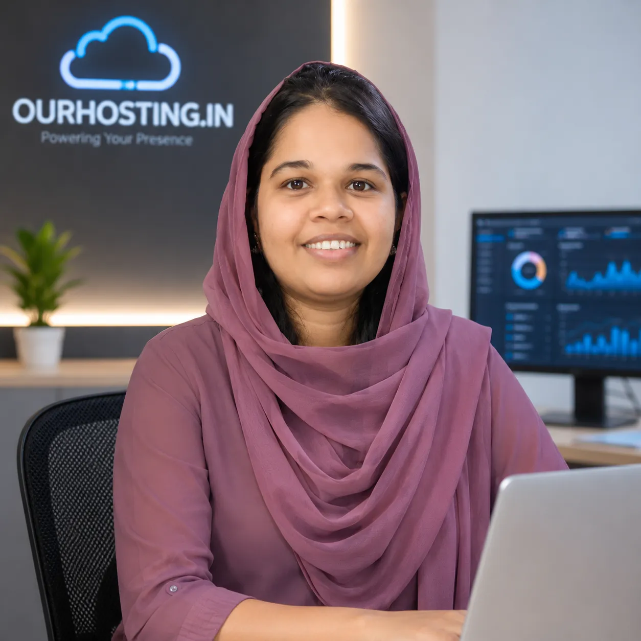 Sajitha S, CFO and Technical Head at OurHosting.in, professional leadership portrait in a modern tech workspace