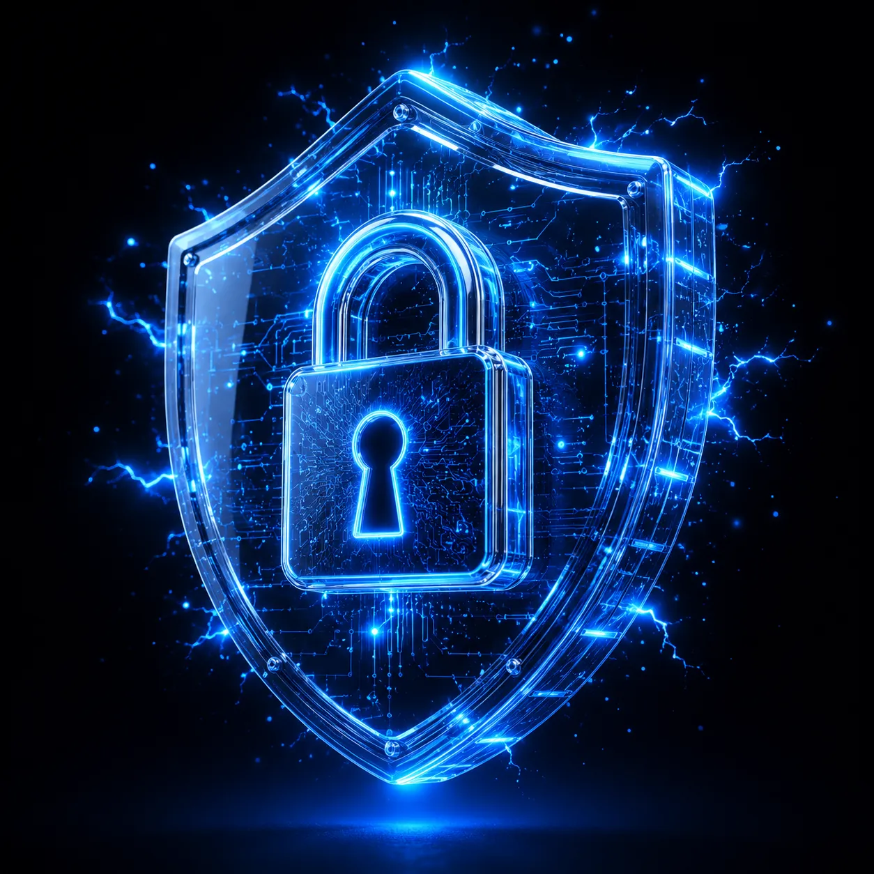 Glowing 3D digital security shield with cyber padlock, network security concept