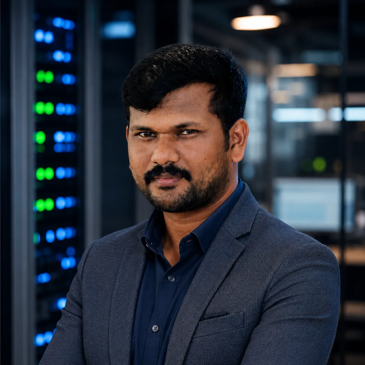 Sudheer Kabeer, IT Expert and Owner of OurHosting.in, professional headshot in a modern tech office